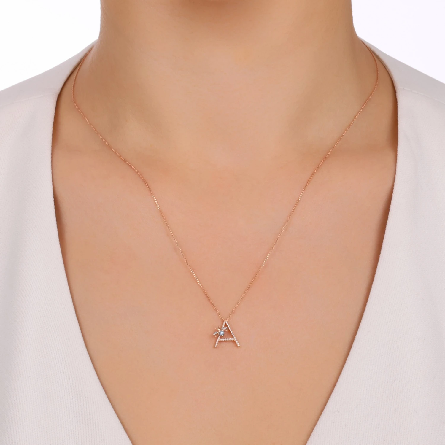 LETTER A GOLD DIAMOND BLUE TOPAZ XSMALL NECKLACE 5 LETTER A GOLD DIAMOND BLUE TOPAZ XSMALL NECKLACE - Image 3