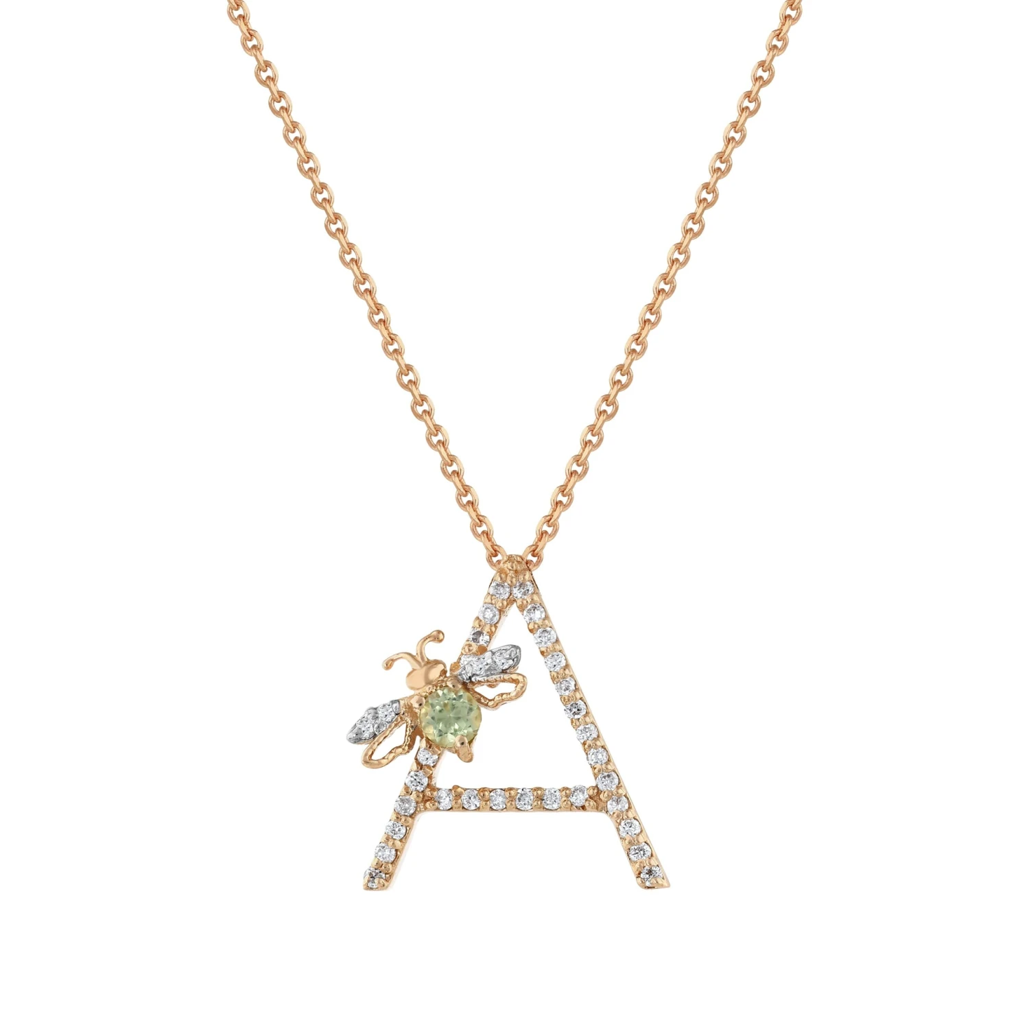 LETTER A GOLD DIAMOND PERIDOT NECKLACE 3 LETTER A GOLD DIAMOND PERIDOT NECKLACE