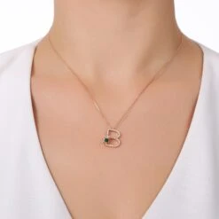 LETTER B GOLD DIAMOND EMERALD SMALL NECKLACE -Bee Goddess HARFBPEMFPGKL