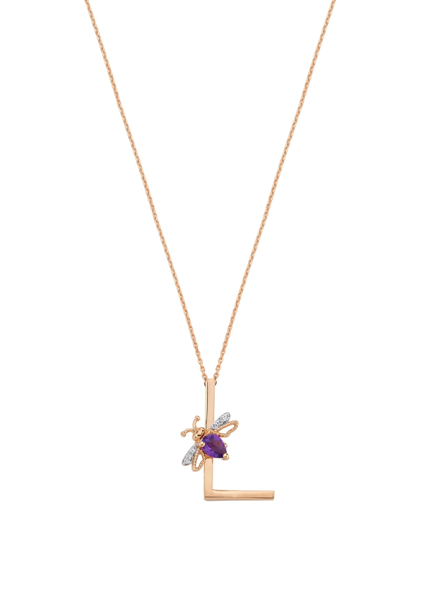 LETTER L GOLD AMETHYST DIAMOND NECKLACE 3 LETTER L GOLD AMETHYST DIAMOND NECKLACE