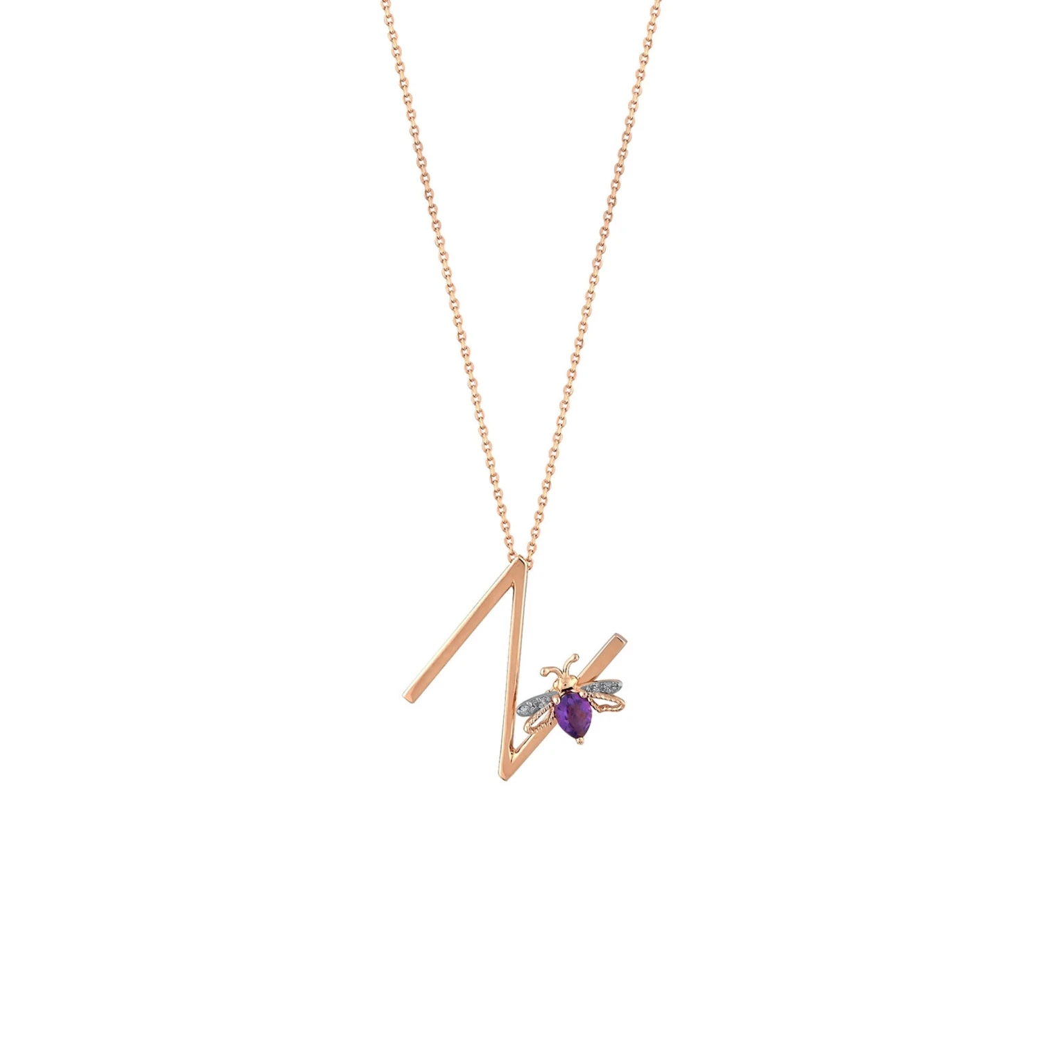 LETTER N GOLD DIAMOND AMETHYST NECKLACE 3 LETTER N GOLD DIAMOND AMETHYST NECKLACE
