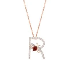 LETTER R GOLD GARNET DIAMOND NECKLACE -Bee Goddess HARFRPGRFPGKL 2