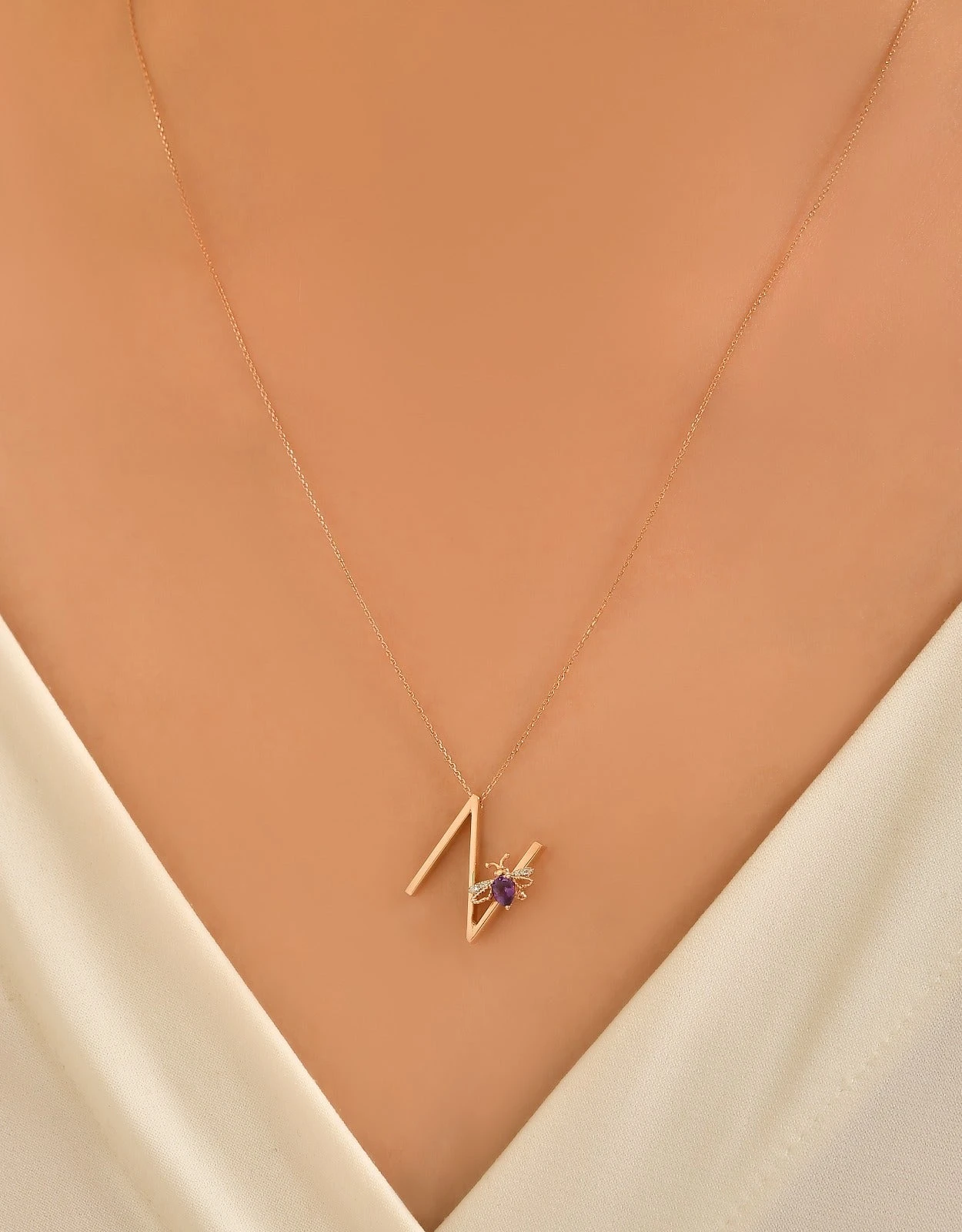 LETTER N GOLD DIAMOND AMETHYST NECKLACE 4 LETTER N GOLD DIAMOND AMETHYST NECKLACE - Image 2