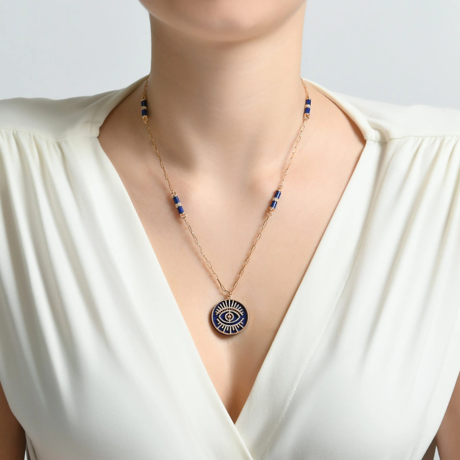EYE LIGHT GOLD DIAMOND LAPIS LAZULI CHAIN NECKLACE 5 EYE LIGHT GOLD DIAMOND LAPIS LAZULI CHAIN NECKLACE - Image 3