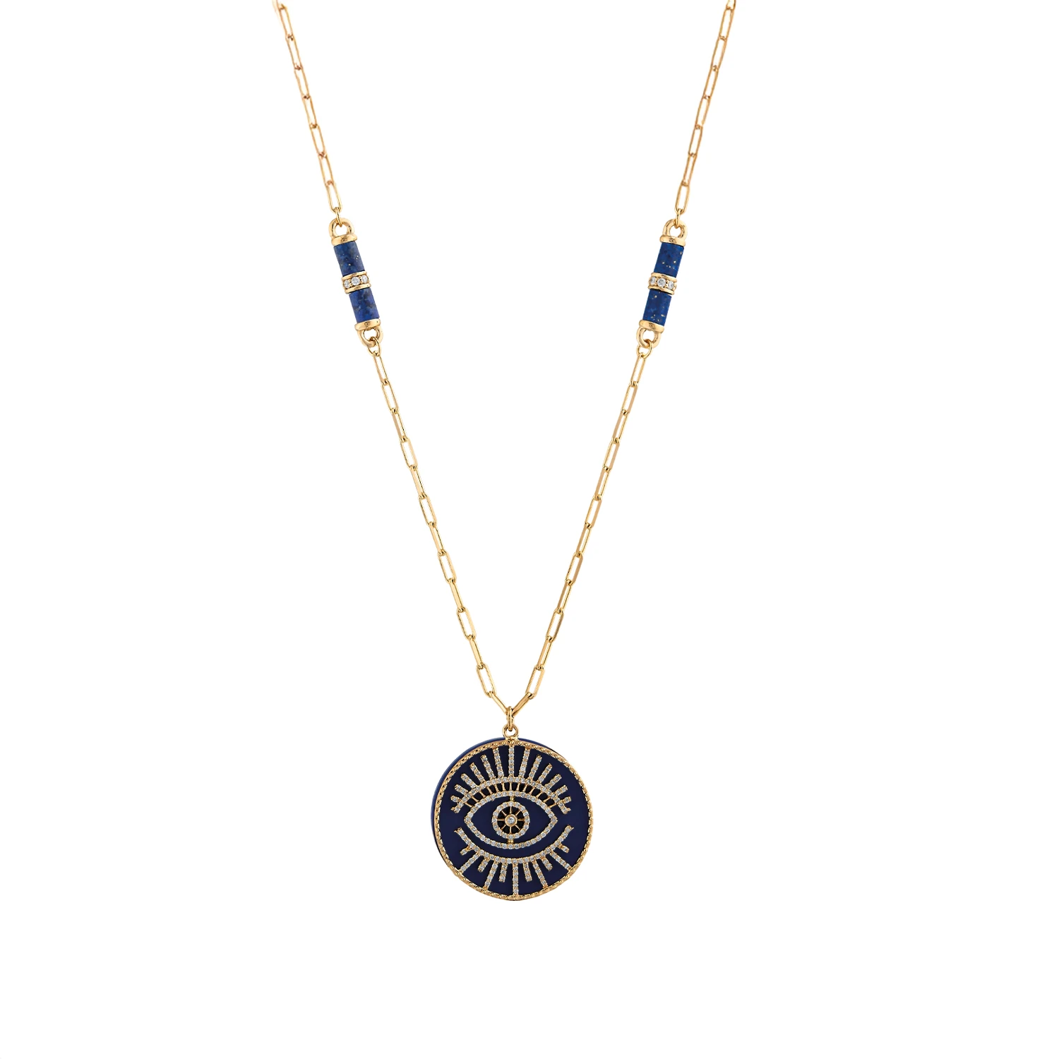 EYE LIGHT GOLD DIAMOND LAPIS LAZULI CHAIN NECKLACE 3 EYE LIGHT GOLD DIAMOND LAPIS LAZULI CHAIN NECKLACE