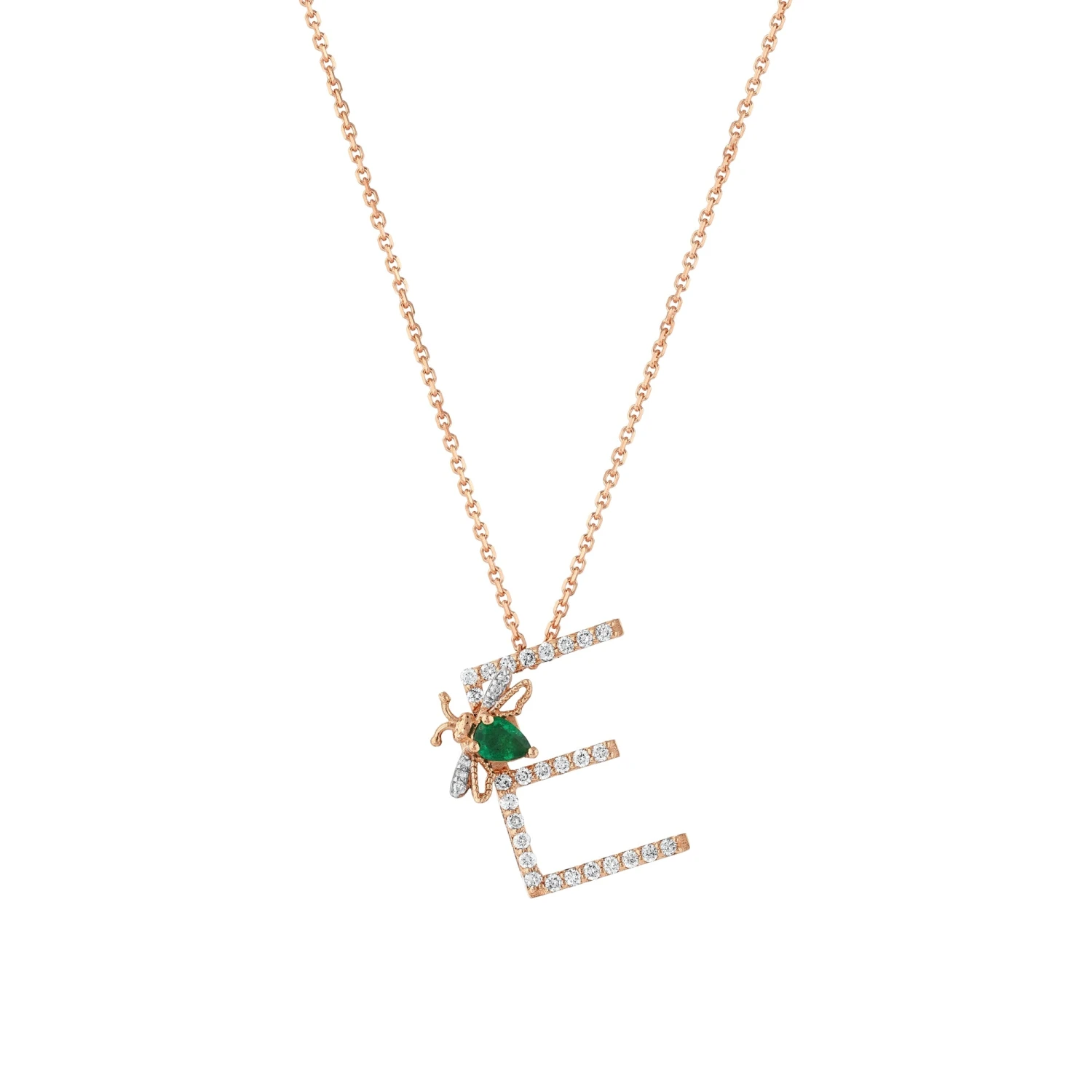 LETTER E GOLD DIAMOND EMERALD NECKLACE 3 LETTER E GOLD DIAMOND EMERALD NECKLACE