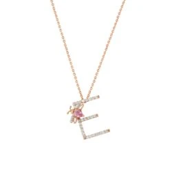 LETTER E GOLD DIAMOND PINK SAPPHIRE NECKLACE
